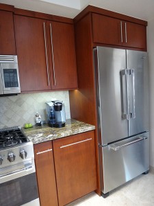 Full depth refrigerator cabinet with side enclosure panel